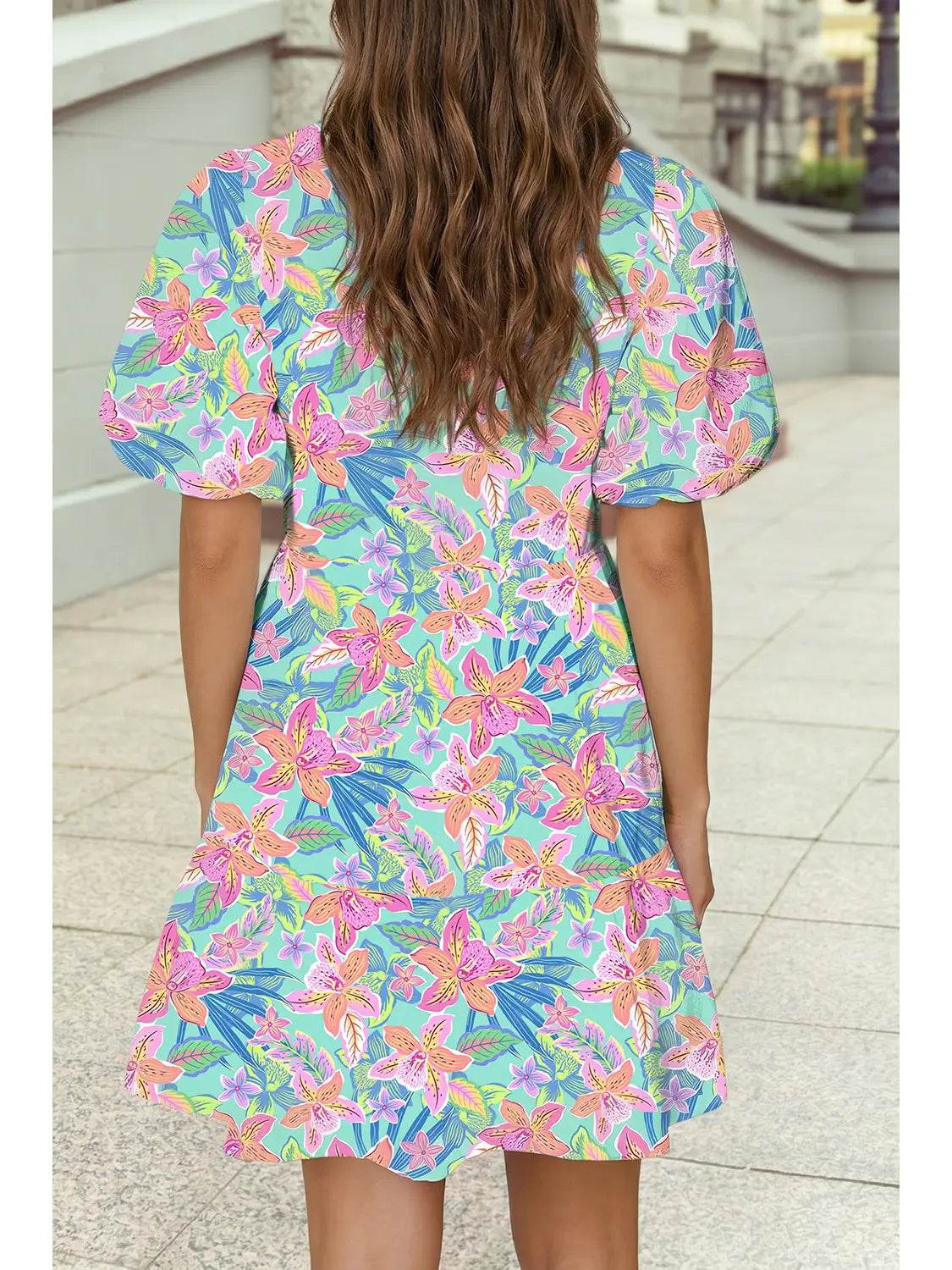 Floral Print Contrast Scallop Striped Trim V Neck Dress