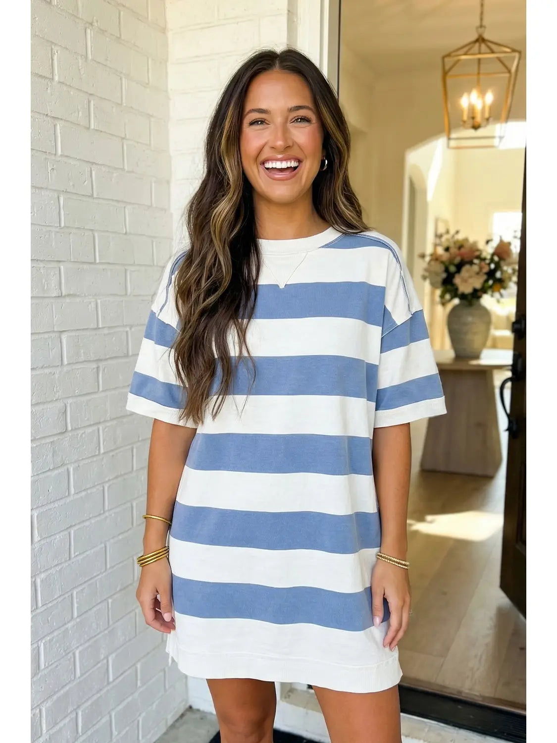 Las Stripe Raw Seam Shoulder Detail Tee Dress (S-Xl)