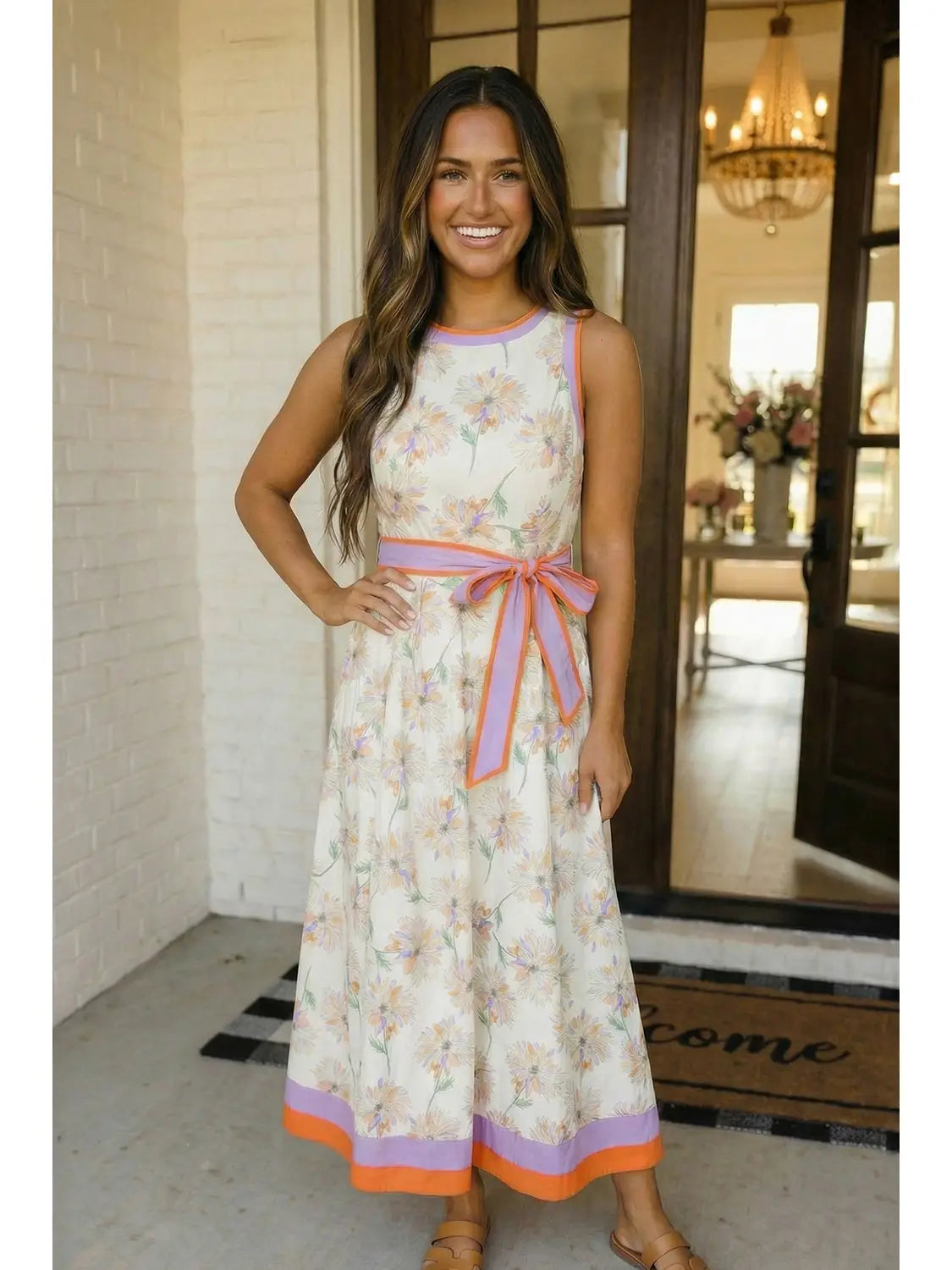 Las Floral Print Color Block Trim Belted Maxi Dress (S-Xl)