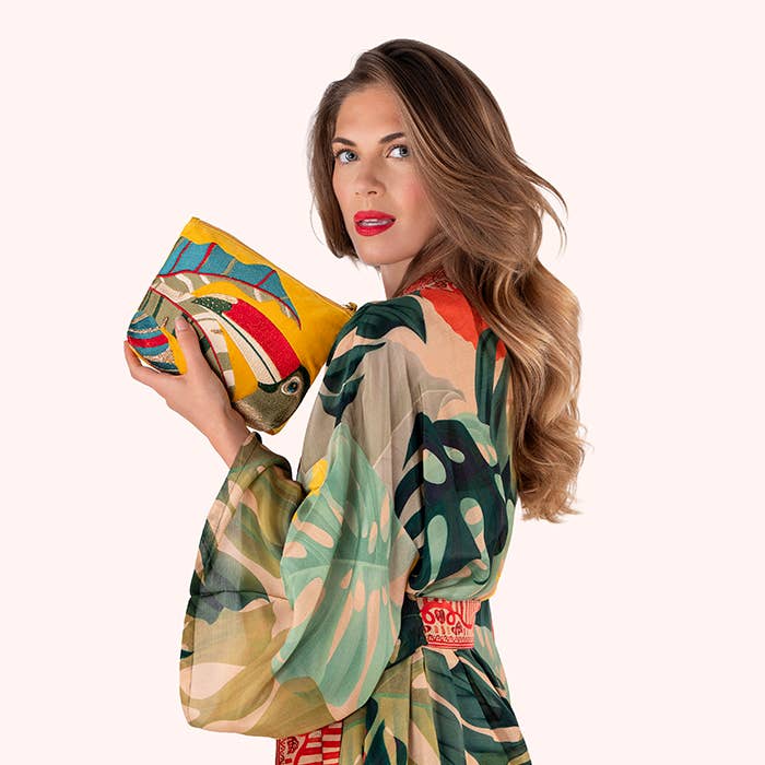 Mid Sized Embroidered Zip Pouch - Tropical Toucan