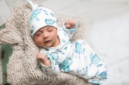 Infant Unisex Sea Turtle Baby Gown and Hat Set