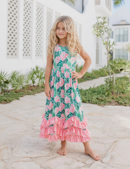 Girls 3 Tiered Pink Green Tropical Spring Ruffles Dress