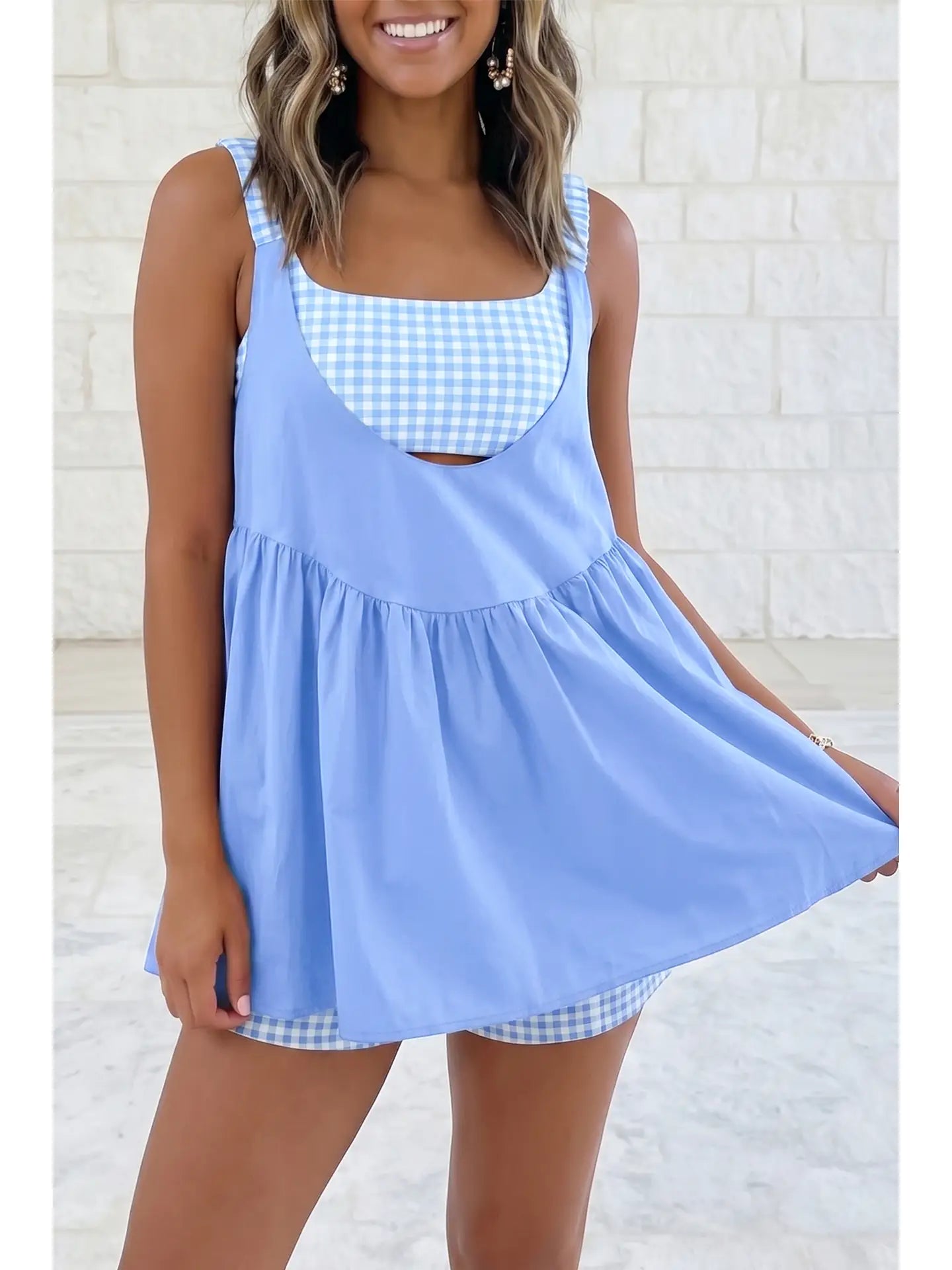 Faux 2 Pc Gingham Contrast Patchwork Loose Mini Dress