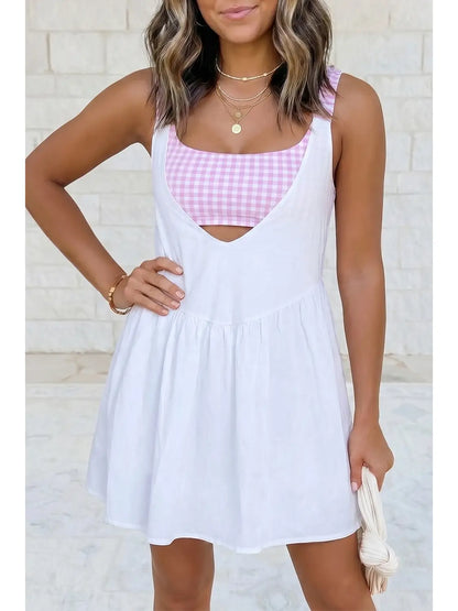 Faux 2 Pc Gingham Contrast Patchwork Loose Mini Dress
