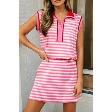 Las Stripe Print Contrast Trim Zip 2pcs Skirt Set (S-Xl)
