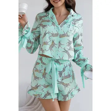 Leopard Printed Satin Long Sleeve Top and Shorts Pajama Set