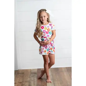 Girls Bright Pink Teal Flower Spring Summer Short Set