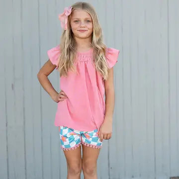 Girls Pink & Teal Spring Summer Retro Check Wave Short Set