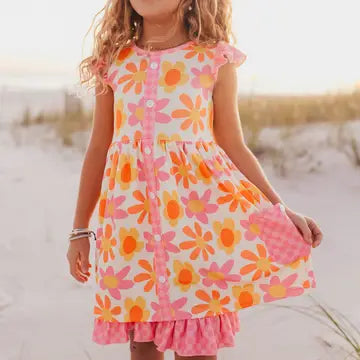 Girls Pink & Tangerine Retro Flower Check Pocket Dress