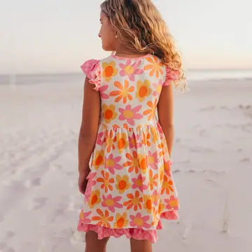 Girls Pink & Tangerine Retro Flower Check Pocket Dress