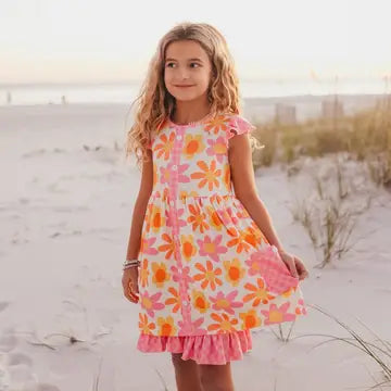 Girls Pink & Tangerine Retro Flower Check Pocket Dress