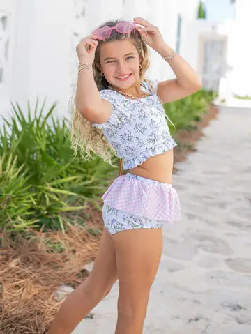 Girls Blue Purple Abby Dainty Floral 2 Piece Swimsuit