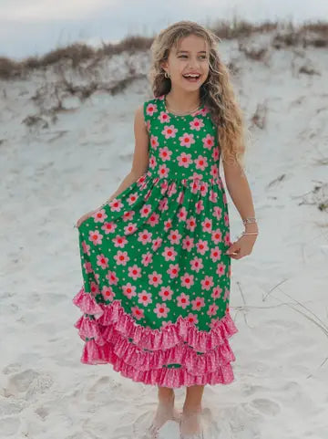 Girls Olivia 3 Ruffle Green Floral Spring Summer Dress