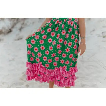 Girls Olivia 3 Ruffle Green Floral Spring Summer Dress