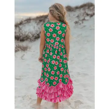 Girls Olivia 3 Ruffle Green Floral Spring Summer Dress