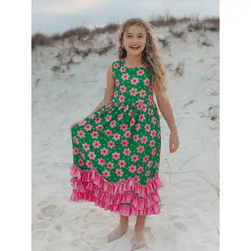 Girls Olivia 3 Ruffle Green Floral Spring Summer Dress