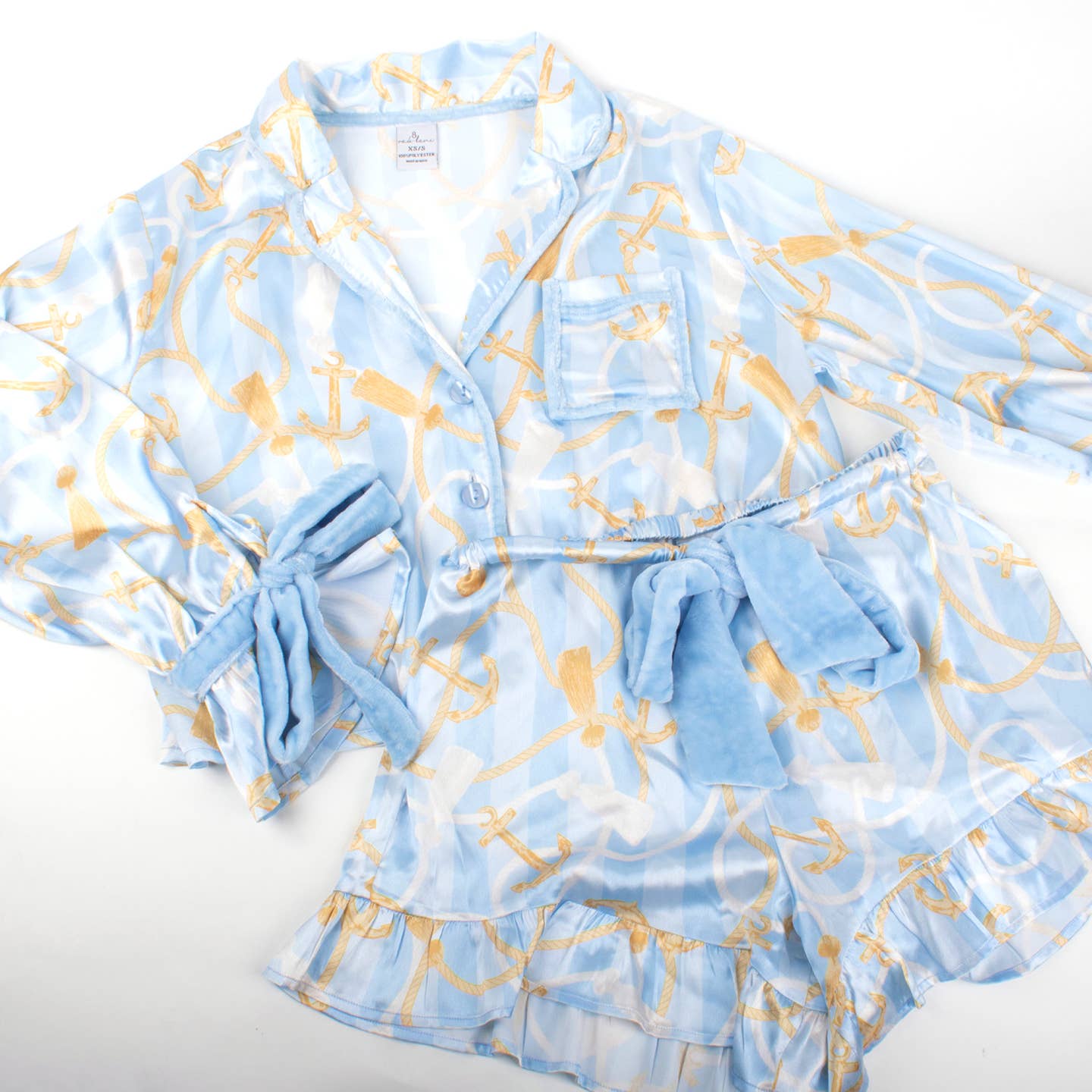 Nautical Stripe Satin Ruffle Short Pj Set