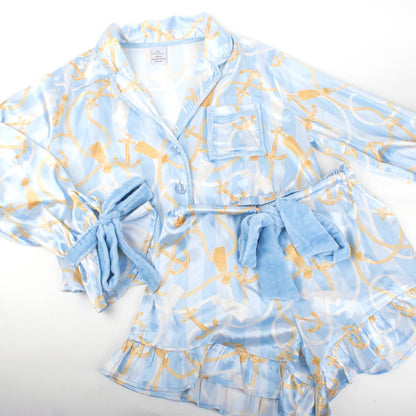 Nautical Stripe Satin Ruffle Short Pj Set