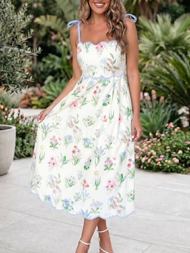 Floral Print Contrast Trim Self-Tie Straps High Waist Dress