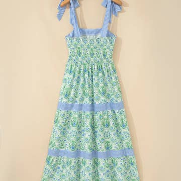 Floral Print Striped Patchwork Detail Sleeveless Dress