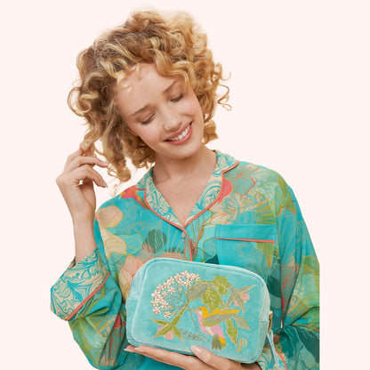 Velvet Embroidered Make Up Bag - Hummingbird, Aqua