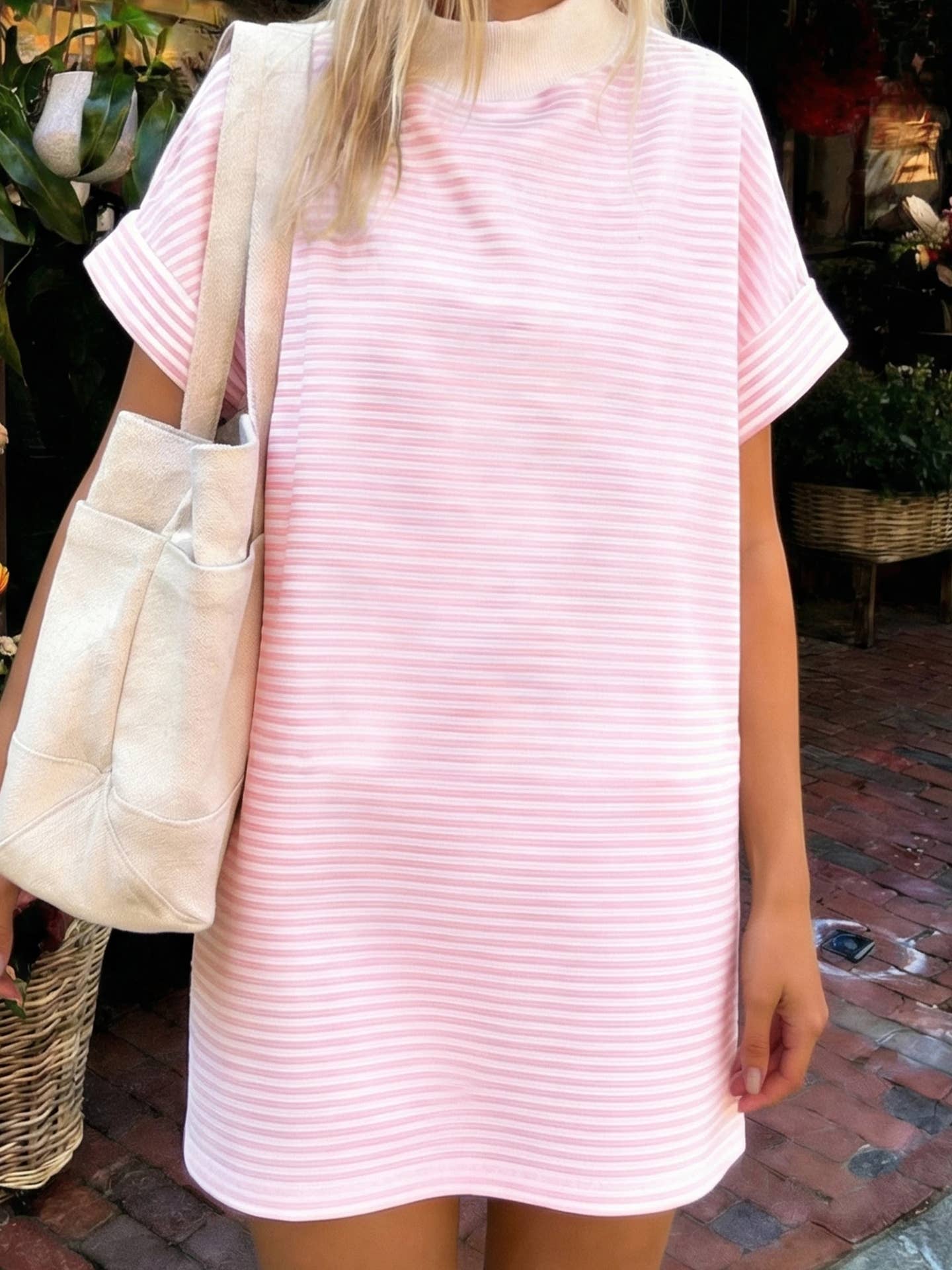 Stripe Cuffed Short Sleeve Contrast Mock Neck Tee Dress