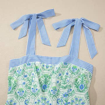 Floral Print Striped Patchwork Detail Sleeveless Dress
